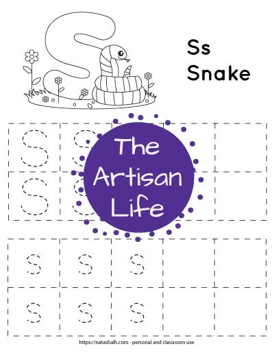 Letter s tracing worksheet with dotted letter s's in boxes to trace. At the top of the page is a snake with a large bubble letter s to color and the text "Ss Snake"