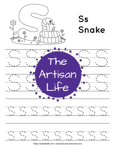 Letter s tracing worksheet with dotted letter s's on lines to trace. There are two lines of uppercase s and two lines of lowercase s. At the top of the page is a snake with a large bubble letter s to color and the text "Ss snake"