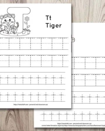 Two letter t tracing worksheets on a wood background. Both have uppercase and lowercase letter t's to trace. One has a tiger to color and the other has correct letter formation graphics for t.