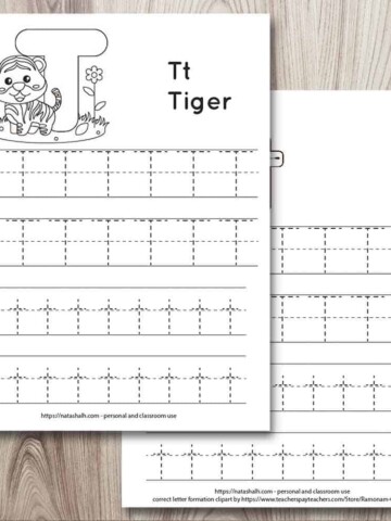 Two letter t tracing worksheets on a wood background. Both have uppercase and lowercase letter t's to trace. One has a tiger to color and the other has correct letter formation graphics for t.