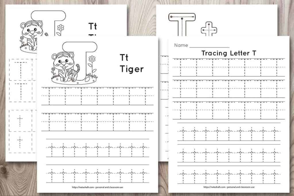 Four printable tracing worksheets for the letter t on a wood background. Each worksheet features the letter in capital and lowercase in a dotted font for easy tracing. Three worksheets have lines and one worksheet has boxes to fill in with the letter t. Two of the pages feature a cute cartoon tiger to color and the text "Tt tiger"