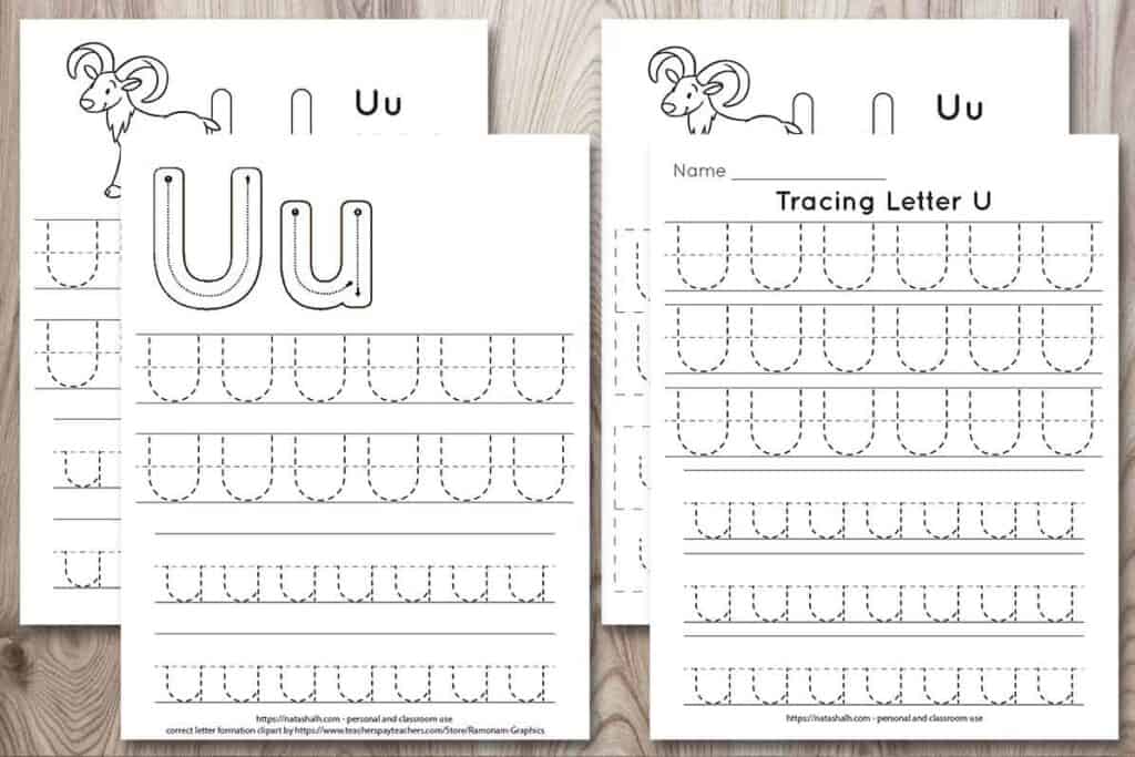 four free letter u tracing printables on a wood background. Each features uppercase and lowercase letter u's to trace in a dotted font. One has correct letter formation graphics and two have a urial goat to color and the text "Uu Ural"