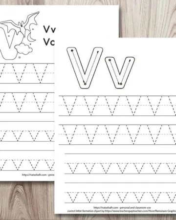 two printable letter v tracing worksheets on a wood background. Both have two lines each of uppercase and lowercase letter v's in a dotted font to trace. One has a vampire bat to color and the other worksheet has correct letter formation graphics for the letter v