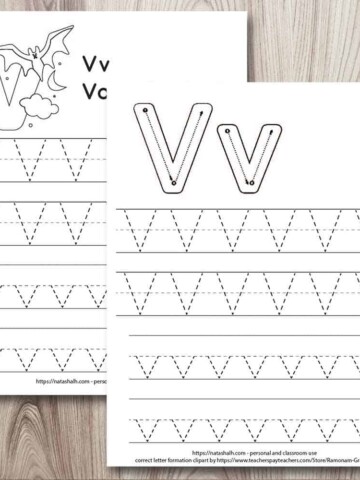 two printable letter v tracing worksheets on a wood background. Both have two lines each of uppercase and lowercase letter v's in a dotted font to trace. One has a vampire bat to color and the other worksheet has correct letter formation graphics for the letter v