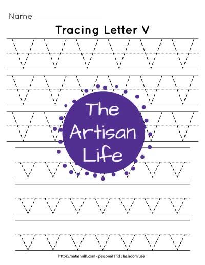 six lines of dotted letter v tracing printable for preschool