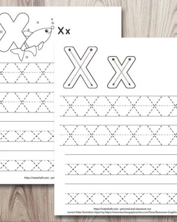two free printable letter x tracing worksheets on a wood background. Both worksheets have two lines each of uppercase and lowercase x's to trace. The worksheet in front has correct letter formation graphics for letter x and the page behind has an x-ray fish to color