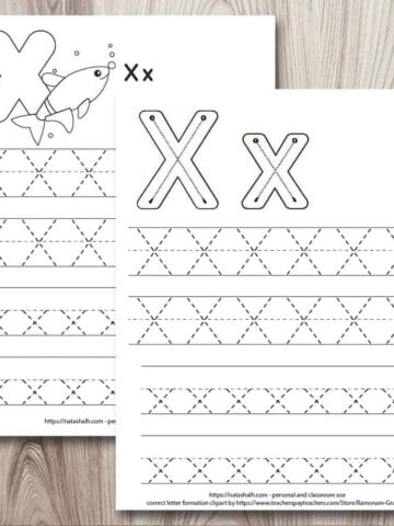 two free printable letter x tracing worksheets on a wood background. Both worksheets have two lines each of uppercase and lowercase x's to trace. The worksheet in front has correct letter formation graphics for letter x and the page behind has an x-ray fish to color