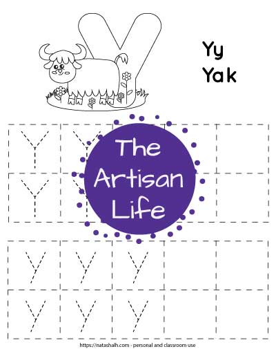Letter tracing worksheet with dotted letter y's in boxes to trace. There are two rows of uppercase y and two rows of lowercase y. At the top of the page is a yak with a large bubble letter y to color and the text "Yy yak"