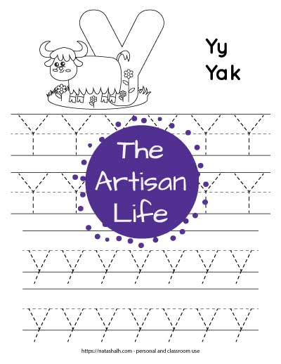 Letter tracing worksheet with dotted letter y's on lines to trace. There are two lines of uppercase y and two rows of lowercase y. At the top of the page is a yak with a large bubble letter y to color and the text "Yy yak"