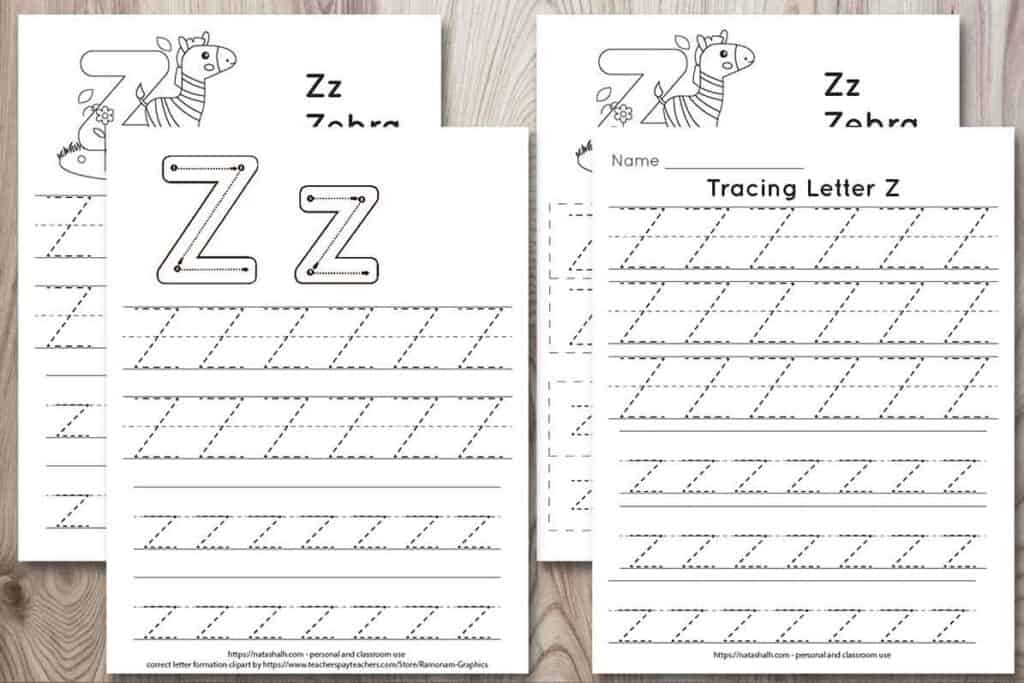 four free letter z tracing printables on a wood background. Each features uppercase and lowercase letter z's to trace in a dotted font. One has correct letter formation graphics and two have a cute zebra to color and the text "Zz zebra"
