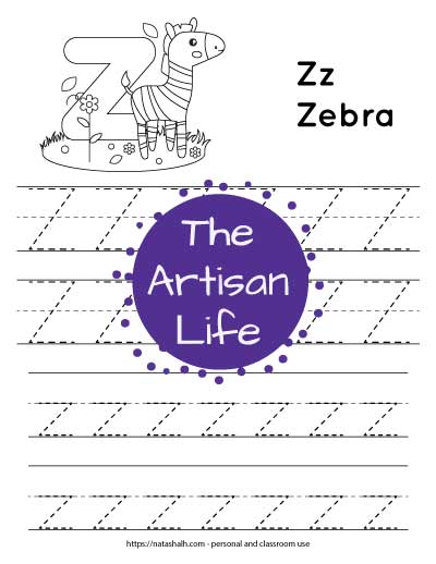 Letter tracing worksheet with dotted letter z's on lines to trace. There are two lines of uppercase z and two rows of lowercase z. At the top of the page is a cute zebra with a large bubble letter z to color and the text "Zz zebra"