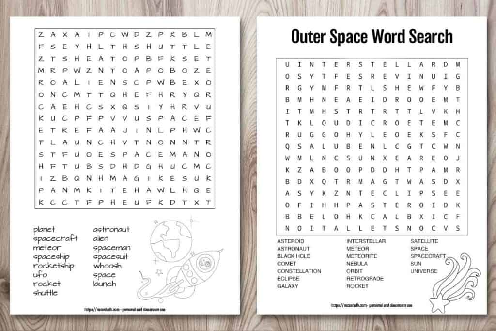 two printable outer space word searches on a  wood background. One word search is easier and has words only hidden forwards and on straight lines. The other is more difficult with words hidden backwards and on the diagonal. Both have a space-related image to color in the bottom right corner. The easy puzzles has a rocket and a planet. The more difficult has a shooting star