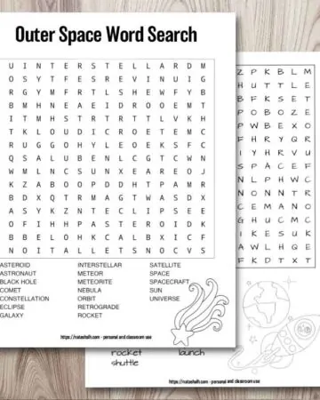 two printable outer space word searches on a wood background. One word search is easier and has words only hidden forwards and on straight lines. The other is more difficult with words hidden backwards and on the diagonal. Both have a space-related image to color in the bottom right corner. The easy puzzles has a rocket and a planet. The more difficult has a shooting star