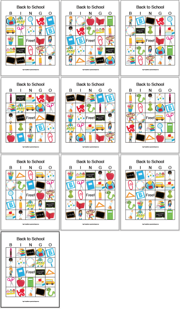 10 free printable back to school bingo cards. Each card is unique and features 24 cartoon back to school images like books, school supplies, and chalkboards.