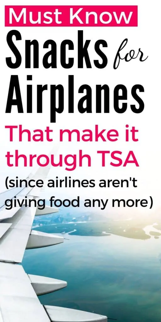 Text "must know snacks for airplanes that make it through TSA (since airplanes aren't giving food anymore)" Below the text is an image of an airplane wing flying over a blue sea and a green coastline.