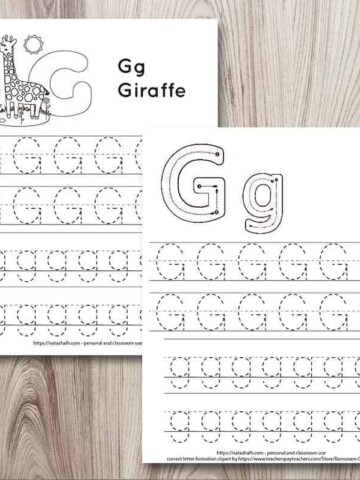 letter g tracing worksheet printables on a wood grain background. One has correct letter formation graphics for G and g. The other has a giraffe to color