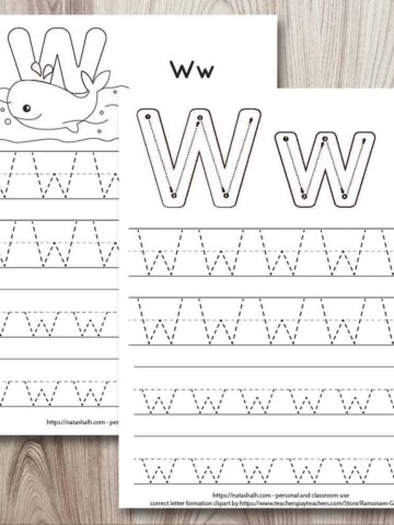 two letter w tracing worksheet free printables on a wood background. Both have two lines each of uppercase and lowercase letter w to trace. One has a whale to color and the other has correct letter formation graphics for w.