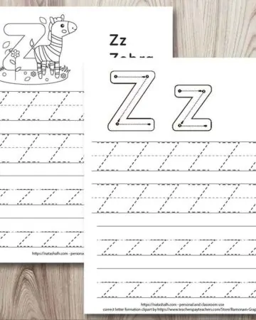 two free printable letter z tracing worksheets on a wood background. One has correct letter formation graphics and the other has a cute zebra to color. Both have two lines apiece of uppercase and lowercase letter z's to trace.