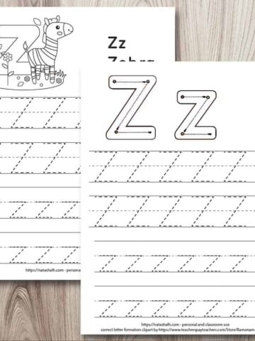two free printable letter z tracing worksheets on a wood background. One has correct letter formation graphics and the other has a cute zebra to color. Both have two lines apiece of uppercase and lowercase letter z's to trace.