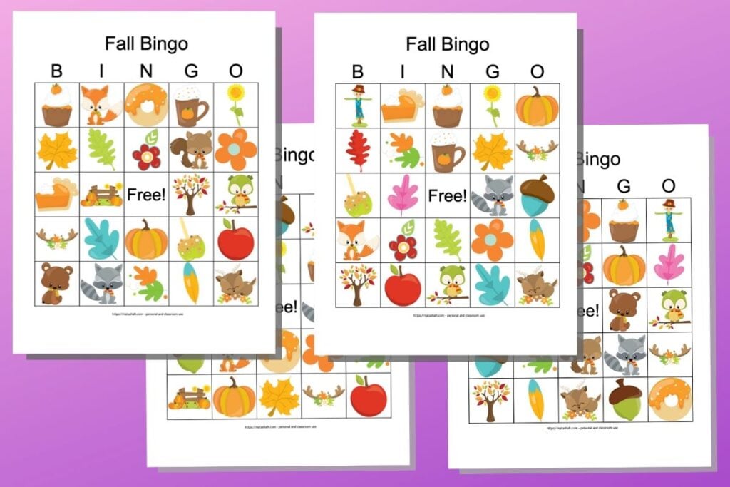 Four free printable fall harvest themed bingo cards with cartoon images like leaves, flowers, coffee, and woodland animals. They are on a purple background.