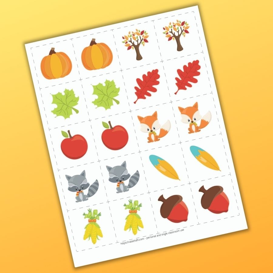A set of fall themed cute cartoon matching cards for toddlers and preschoolers. There are 10 pairs of cards to cut out with fall themed images like a pumpkin leaves, apples, across, and corn.