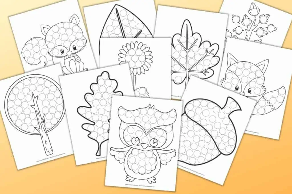 10 printable do a dot worksheets on a pale orange background. The worksheets have fall themed images with large circles to dab with a dabber marker. Images include leaves, an owl, a tree, a fox, and a raccoon.