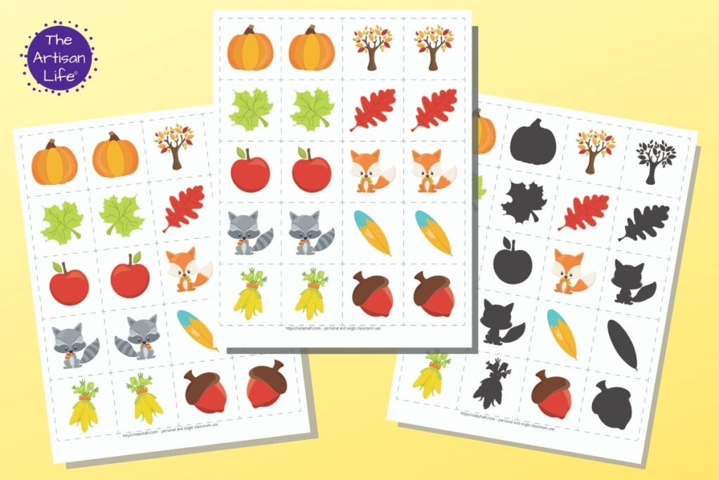 a preview of three fall printable matching card games for toddlers and preschoolers. The games are on an orange background. All three feature 10 different cartoon fall related images like apples, pumpkins, and leaves. One page of cards has 10 sets of exact image match cards. Behind and to the left is a set of mirror image matching cards. To the right is a set of shadow matching cards.