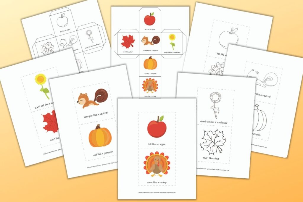 Printable fall themed gross motor movement dice and cards for differentiated instruction cubes. There are color and black and white versions of each. Instructions include: fall like an apple, strut like a turkey, roll like a pumpkin, scamper like a squirrel, stand tall like a sunflower, and twirl like a leaf