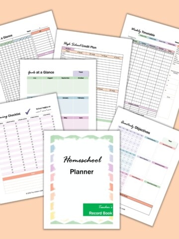 A preview of 7 printable homeschool planner pages on a teal background. The pages have a pastel rainbow border. Pages shown include a cover page, quarterly objectives, planning checklist, year at a glance, goals at a glance, high school credit plan, and weekly timetable