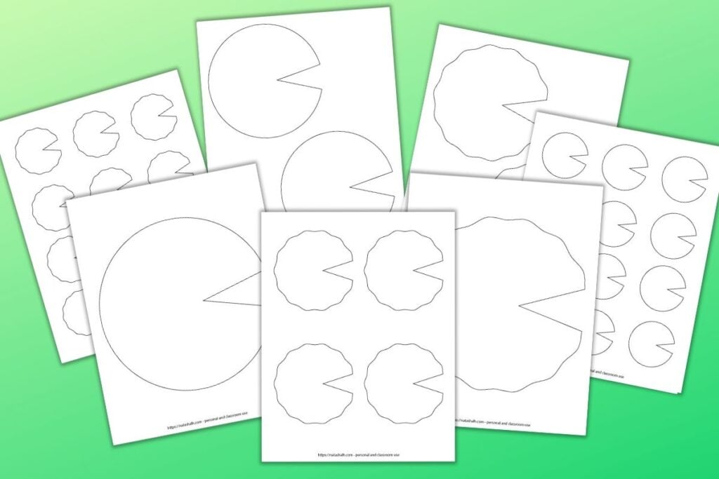 6 printable lily pad templates on a green background. The templates range from full page to small with 12 on a page. There are smooth and wavy edged lily pads.