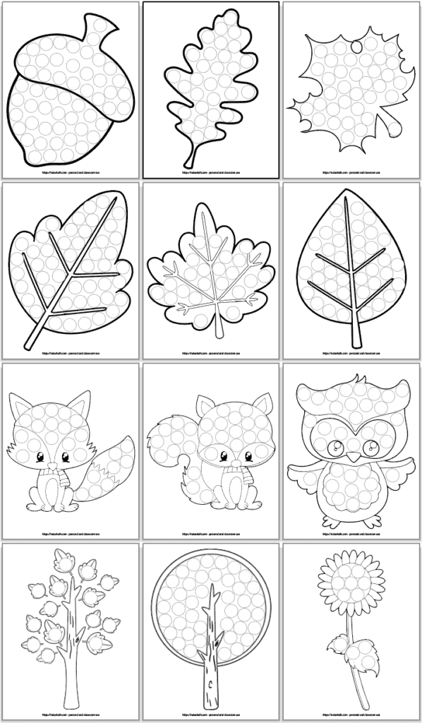 12 do a dot marker printables for toddlers and preschoolers with a fall theme. Images include An acornFive different leaves A cute fox, A raccoonAn owlTwo treesA sunflower