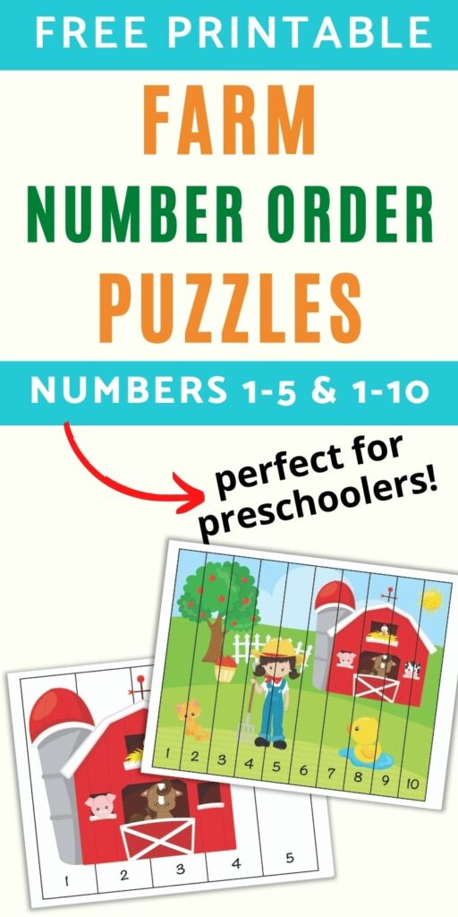 text "free printable farm number order puzzles - numbers 1-5 & 1-10 - perfect for preschoolers!" with a preview of two number sequence puzzles. One has a barn and a sun with numbers 1-5. The other has a farm scene with numbers 1-10.