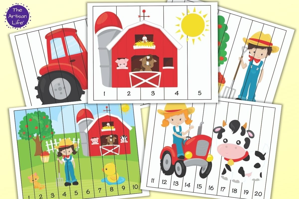 Five printable farm themed number order puzzles for preschoolers. The top image has numbers 1-5 with a barn full of animals and a sun. Below is a farm scene with numbers 1-10 and a girl on a tractor with a cow and numbers 11-20. In the back are two partially hidden puzzles. One features a red tractor and the other has a boy next to an apple tree.