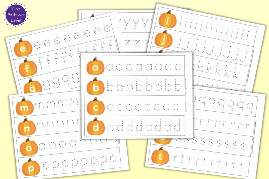 Free printable pumpkin themed letter tracing strips. There are six pages of printables on a light yellow background. The pages are stacked so you can only see all of the front and center page, which features the lowercase letters a-d on cartoon pumpkins with a row each of a, b, c, and d in a dashed font to trace. 