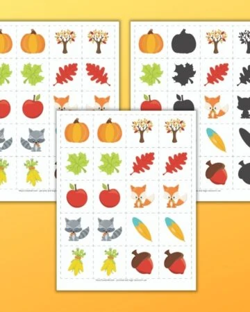 a preview of three fall printable matching card games for toddlers and preschoolers. The games are on an orange background. All three feature 10 different cartoon fall related images like apples, pumpkins, and leaves. One page of cards has 10 sets of exact image match cards. Behind and to the left is a set of mirror image matching cards. To the right is a set of shadow matching cards.