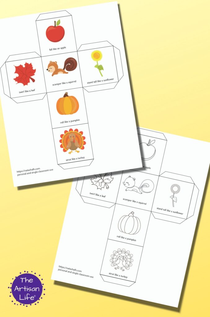 Two printable fall themed gross motor movement dice templates. One version is in color and the other is black and white. The page previews are on a yellow background.