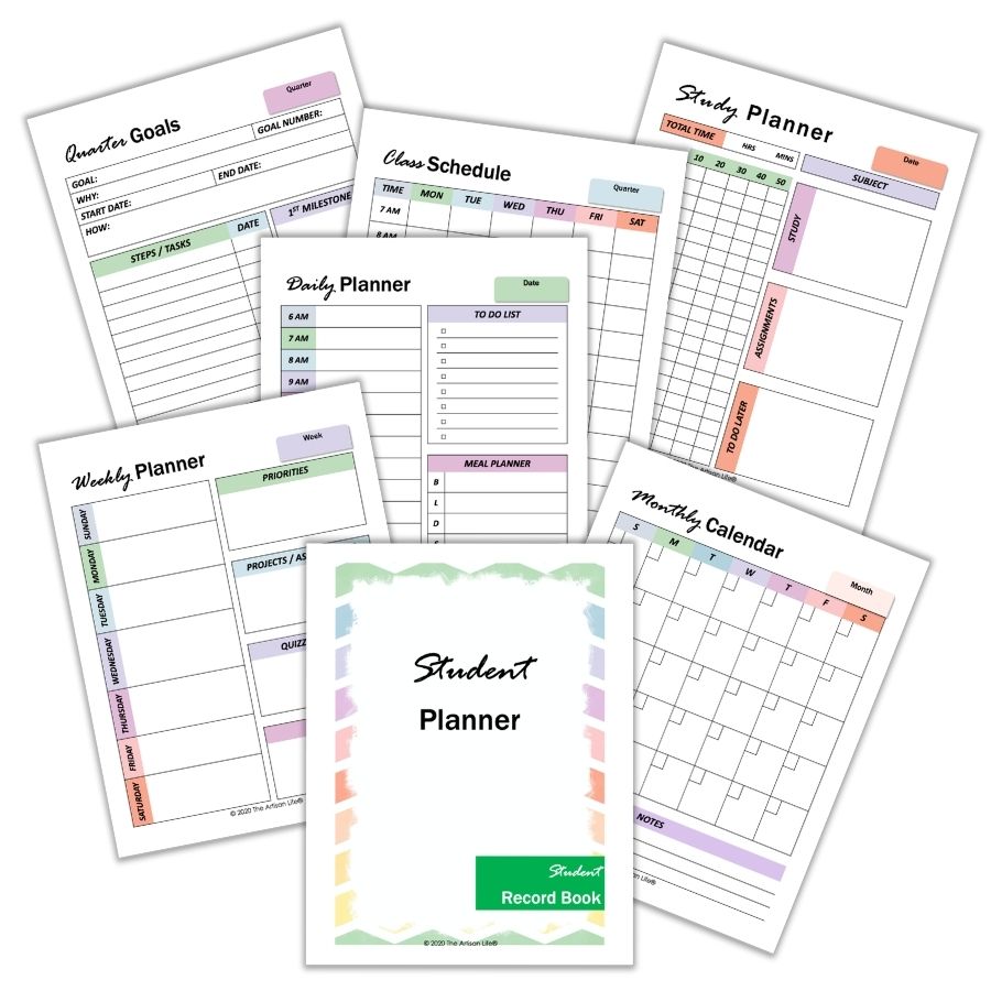 A preview of 7 printable student academic planner pages with a light pastel rainbow theme. Pages shown include a cover page, weekly planner, daily planer, monthly calendar, class schedule, quarter goals, and study planner
