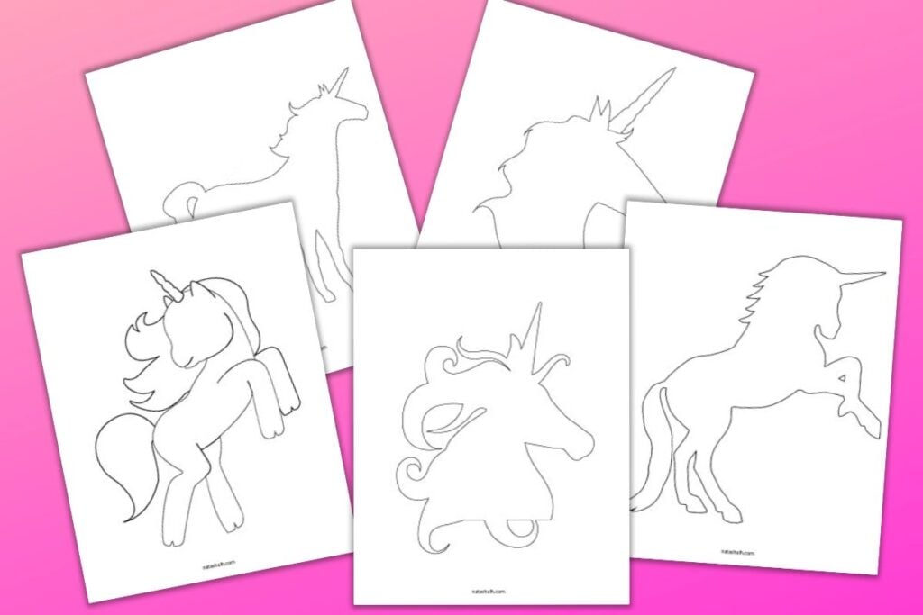 5 free printable unicorn templates on a pink background. Unicorn silhouettes are in black an white and include two unicorn heads and three standing full body unicorns.