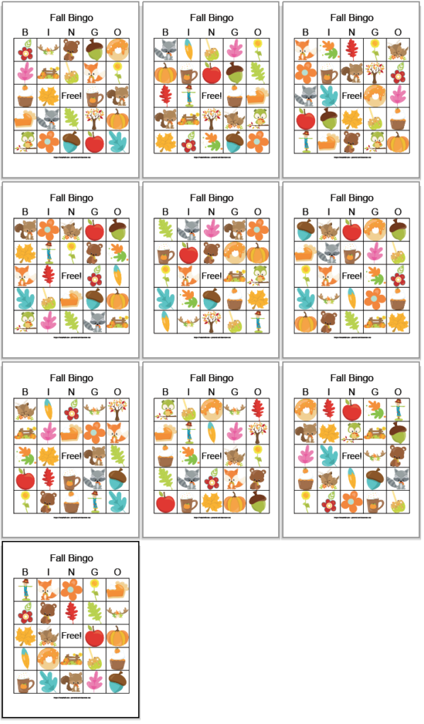 10 free printable fall bingo cards with cartoon fall images like pumpkin pie, leaves, flowers, and woodland animals. The cards are arranged in a grid with 3 cards to each row. The 10th card is on the bottom row alone.