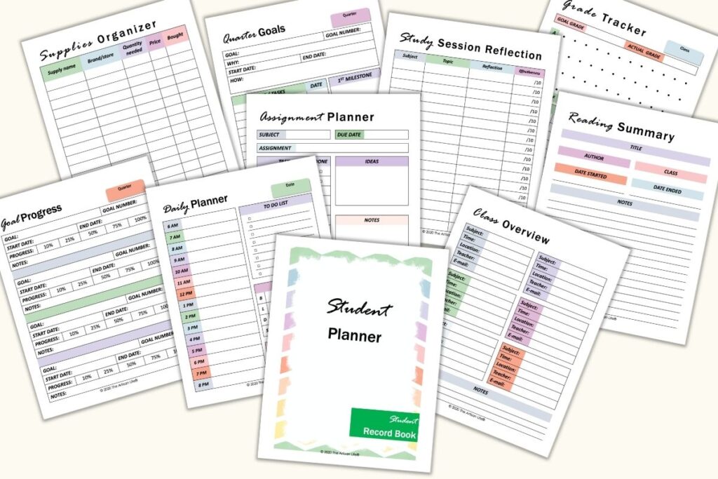 A preview of a colorful printable student planner. There are 10 pages shown including a daily planner, class overview, reading summary, grade tracker, assignment planner, quarter goals, supplies organizer, study session reflection, and cover page.