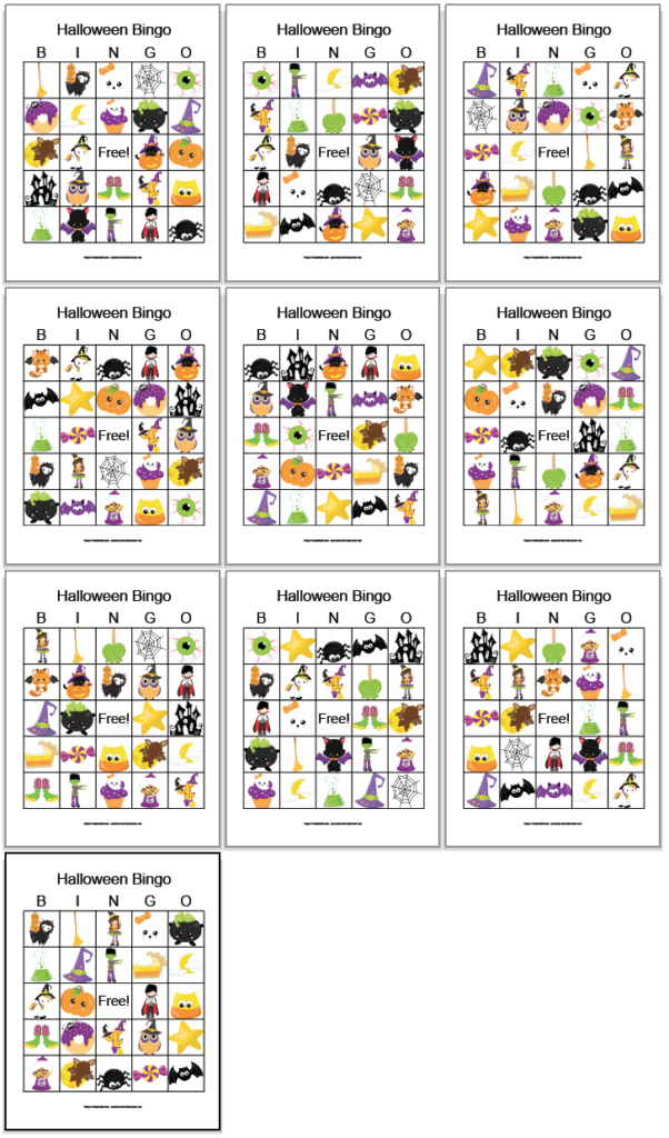 A set of 10 free printable Halloween bingo cards with cute cartoon images. The image is a screenshot with all 10 cards placed out on a grid on a white background. There are three rows of three cards with the the 10th card on a final row by itself.
