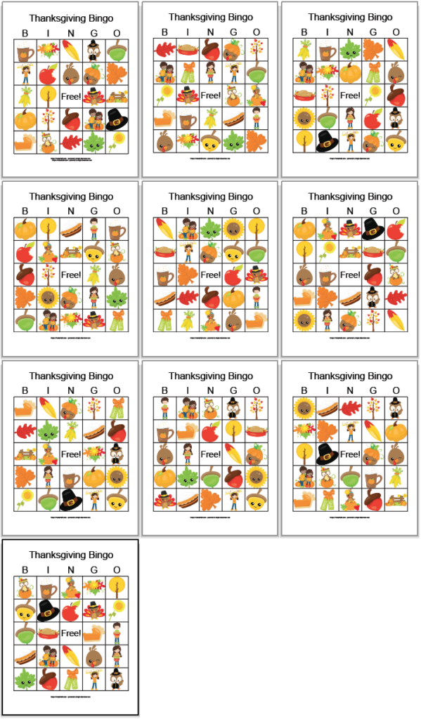 10 free printable Thanksgiving bingo cards with cute fall and Thanksgiving images. The cards are arranged in a 3x3 grid with the final card on its own row alone.