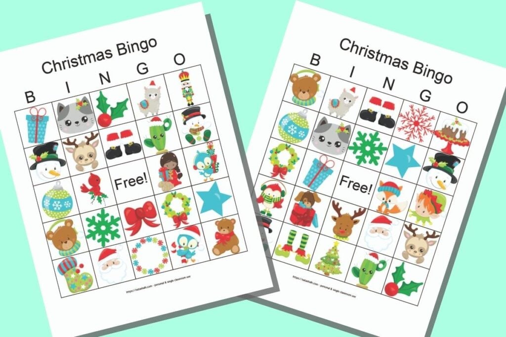 Two free printable secular Christmas picture bingo cards with cute cartoon images on a mint green background