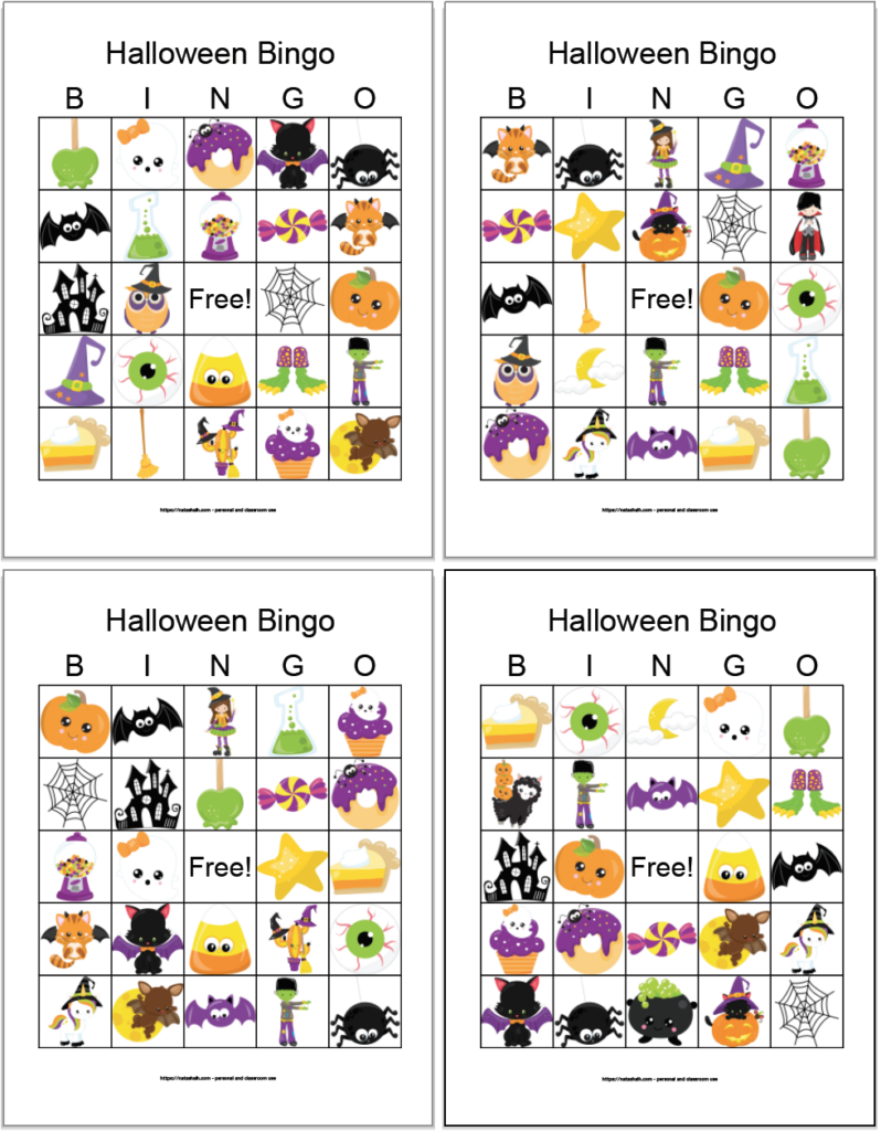 Four free printable Halloween bingo cards for kids with cute cartoon images. The cards in in a 2x2 grid on a white background 