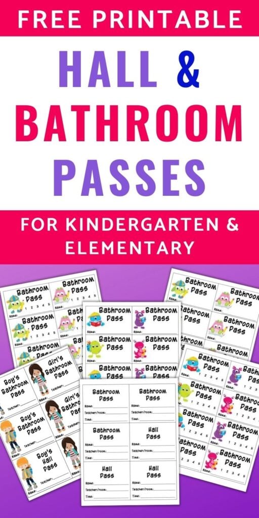text "Free printable hall & bathroom passes for kindergarten and elementary" with a preview of 6 printable passes on a purple background. Passes feature cute monsters, school owls, and cartoon children