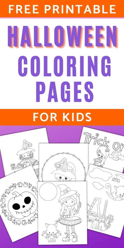 text "free printable Halloween coloring pages for kids" Below are six printable coloring sheets on a purple background. Front and center is a cute girl with with her cat dressed as a bat. Behind her are additional pages with cats, another witch, a jack o'lantern, and a zombie girl with the text "trick or treat"