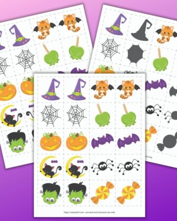 three free printable Halloween matching card games on a purple background. All three feature the same 10 basic cute cartoon images. One page has exact matches. Another page has a shadow matching game and the third page features mirror image pictures.
