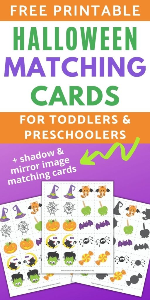 text "free printable Halloween matching game for toddlers and preschoolers + shadow & mirror image matching cards" text. Below the text is a preview with three printable Halloween matching game pages on a purple background. Each sheet has 20 dotted squares with an image in each square for matching or memory games.