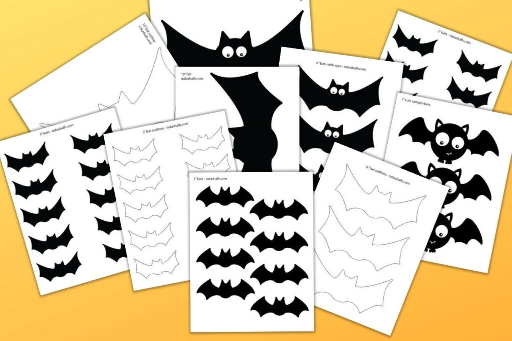 10 printable bat templates on an orange gradient background. Some of the templates are outlines and others are filled in black bats. One has goofy googly eyes and two other bats have less silly white eyes. The bat templates range in size from 2" across to 10" across.