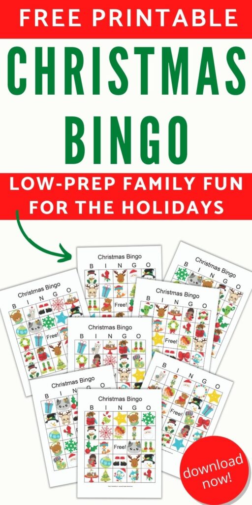 Text "Free printable christmas bingo - low-prep fun for families. Download now!" with a preview of 8 printable bingo cards featuring cartoon secular Christmas images